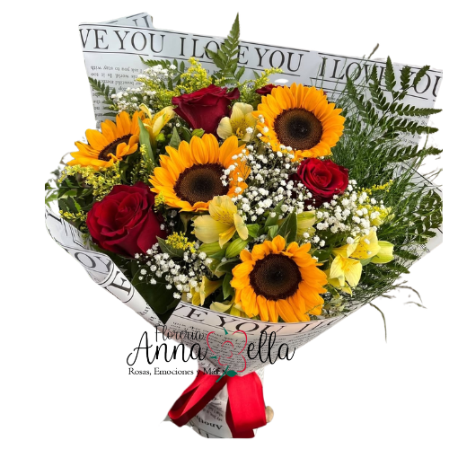 Gran ramo floral compuesto por cuatro girasoles amarillos, cuatro rosas premium y varas de astromelias con follaje verde, envuelto en papel decorativo elegante con lazo de satén.