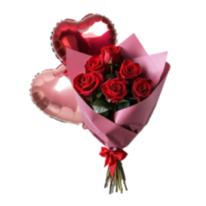 Ramo de seis rosas rojas frescas envueltas en papel decorativo, acompañado de un globo metálico inflado que flota junto a las flores.
