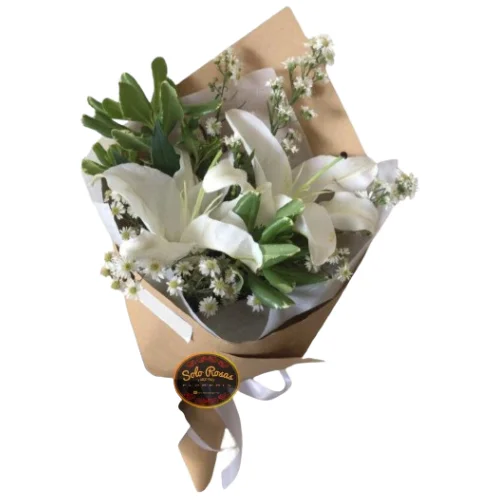 "Arreglo floral minimalista de dos lirios blancos con ramas de follaje fino y silvestre."
