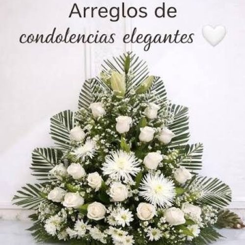 Fotografía de un arreglo floral de condolencias con forma triangular. Contiene rosas blancas, crisantemos blancos y hojas verdes de palma sobre un fondo claro. En la parte superior dice "Arreglos de condolencias elegantes".