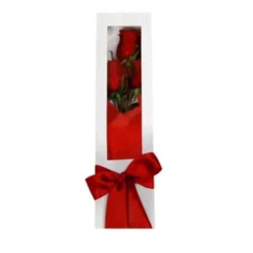Caja de regalo vertical y alargada de color blanco con una ventana transparente en la parte superior que muestra tres rosas rojas en su interior, decorada con un gran lazo de satén rojo brillante atado en el centro sobre un fondo blanco.